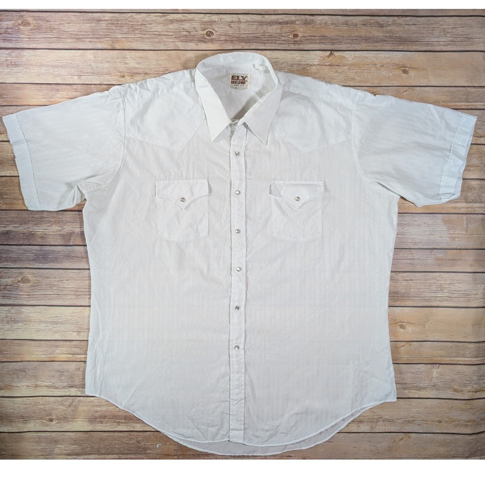 Vintage Ely Cattleman Western Shirt L White Short Sleeve Pearl Snap Jacquard